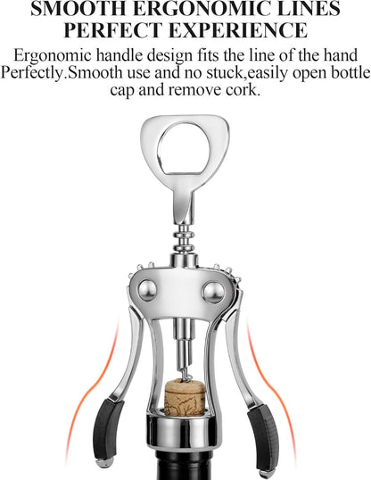 KORCCI Wine Opener, Heavy-Duty Zinc Alloy Wing Corkscrew, Premium Beer Bottle Opener, Multifunctional Wine Accessories with Ergonomic Handle and Sharp Screw, for Kitchen, Bar, Restaurant (SILVER)