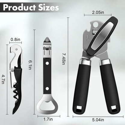 3PCS Can Opener Manual & Bottle Opener & Wine Opener, Smooth Edge Can Openers with Strong Magnet, Heavy Duty Stainless Steel Abrelatas Handheld Waiter Corkscrew - Premium Kitchen Supplies (Black)