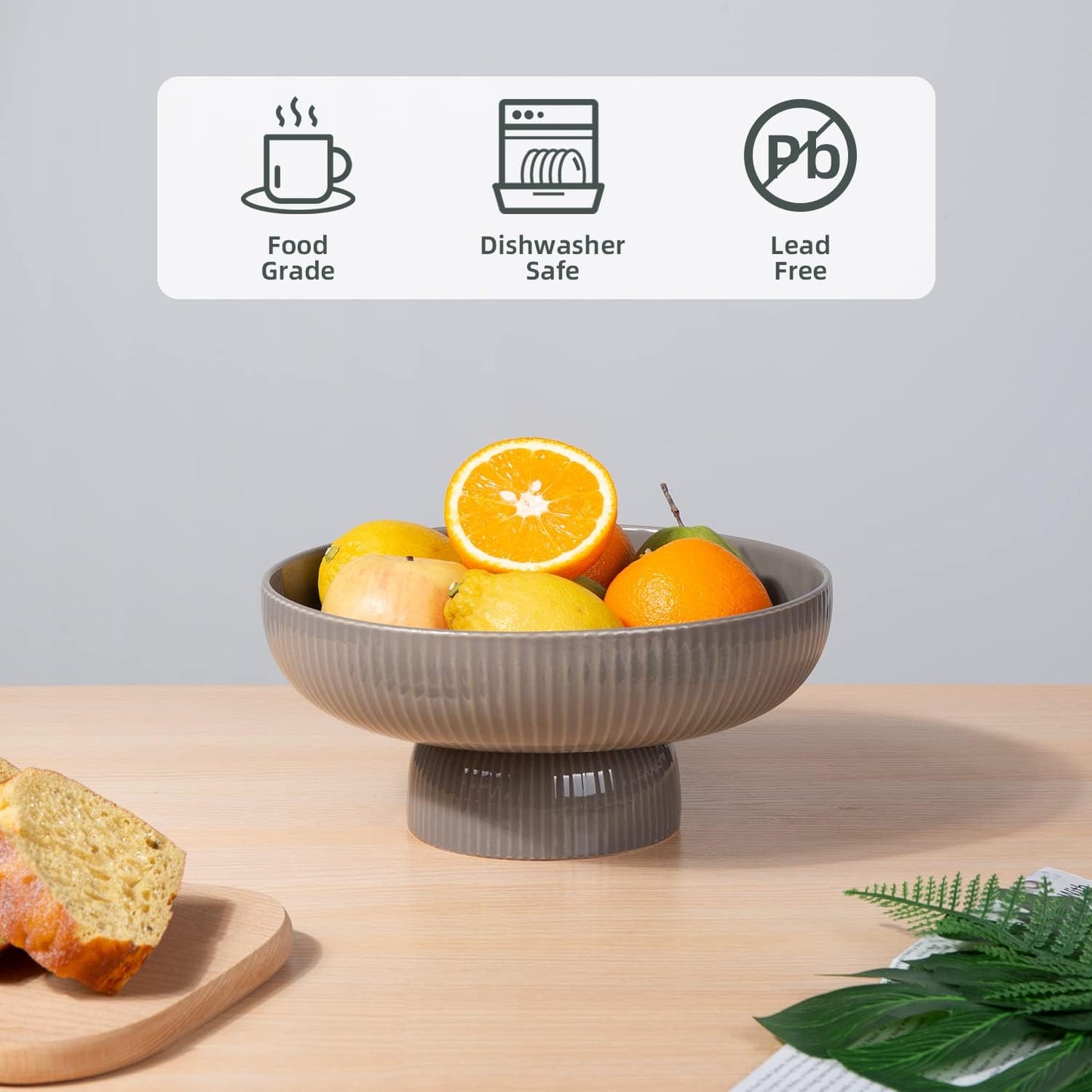 Ceramic Fruit Bowl with Draining Holes, 10" Large Fruit Basket with Multifunctional Removable Pedestal, Decorative Fruit Bowl for Table Countertop, Fruit and Vegetable Holder, Grey