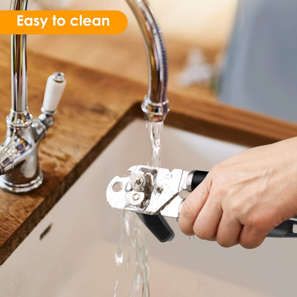 Heavy duty stainless steel manual can opener, sharp blade for smooth cutting edges, easy opening of cans, non-slip ergonomic handle, easy turn knob, built-in bottle opener, painted black