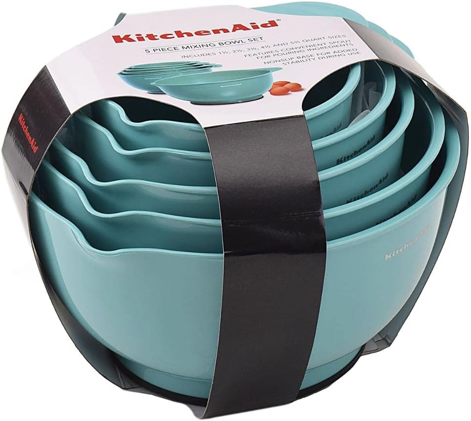 KitchenAid Universal Nesting Plastic Mixing Bowls, Set Of 3, 2.5 quart, 3.5 quart, 4.5 quart, Non Slip Base with Easy Pour Spout to Reduce Mess, Dishwasher Safe, Aqua Sky, White, Gray