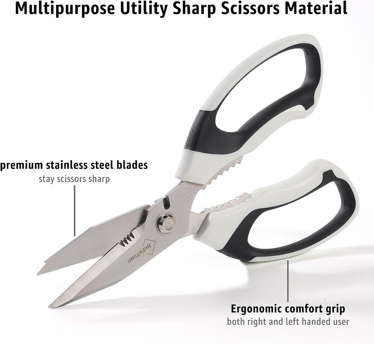 BoFuYuan Utility Scissors Heavy Duty: 8-Inch sharp Scissors All Purpose heavy duty, Serrated Blades Cut Carpet, Cardboard, Wire, Leather, Fabric, Multipurpose Shears for Kitchen, Garden, Office, Craft