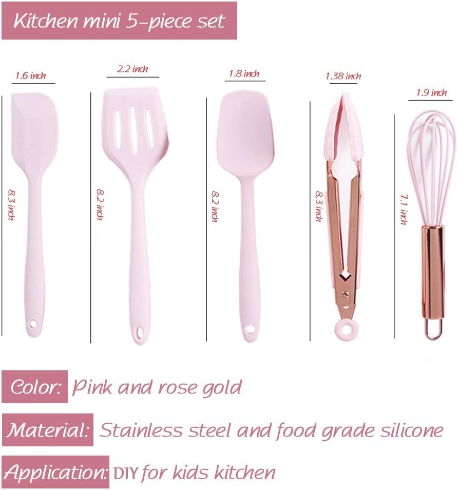 Collfa Rose Gold And Pink Kitchen Utensil Small Five-Piece Set Mini Silicone Kids Kitchen Tools Whisk Spatula Tongs Spoon And Slotted Spatula(Kids Baking Supplies)