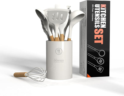 oannao Silicone Cooking Utensils Kitchen Utensil Set - 446°F Heat Resistant Silicone Kitchen Utensils Set, Spatula,Turner Tongs, Spoon, Whisk,Kitchen Gadgets for Nonstick Cookware, BPA Free (Gray)