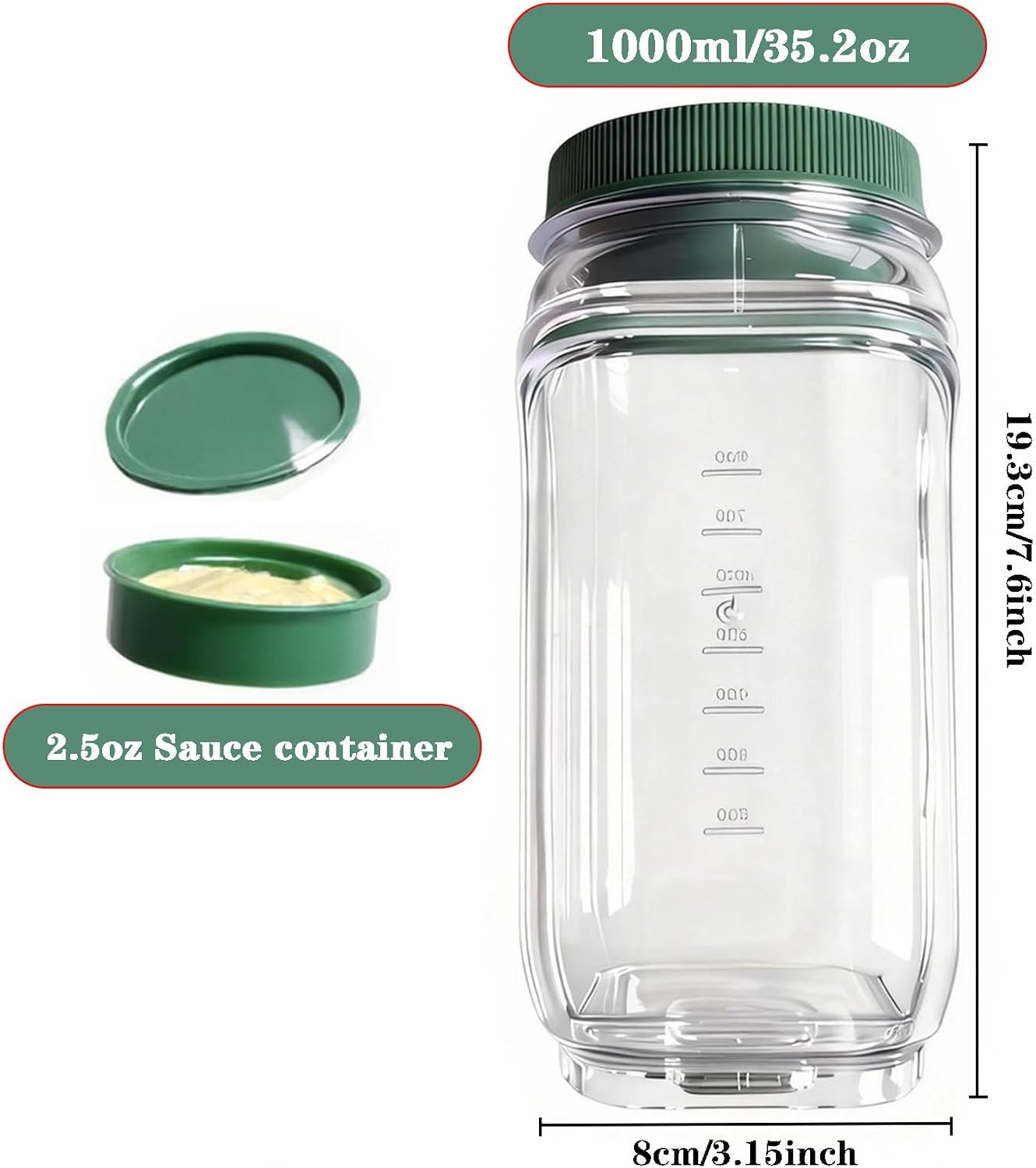 Salad Jar with Side Opening - Leakproof Salad Container & Pod, Mason Jar with Dressing Cup, Portable Lunch Container for Meal Prep, Dishwasher & Freezer Safe, for Office, Gym(Green)