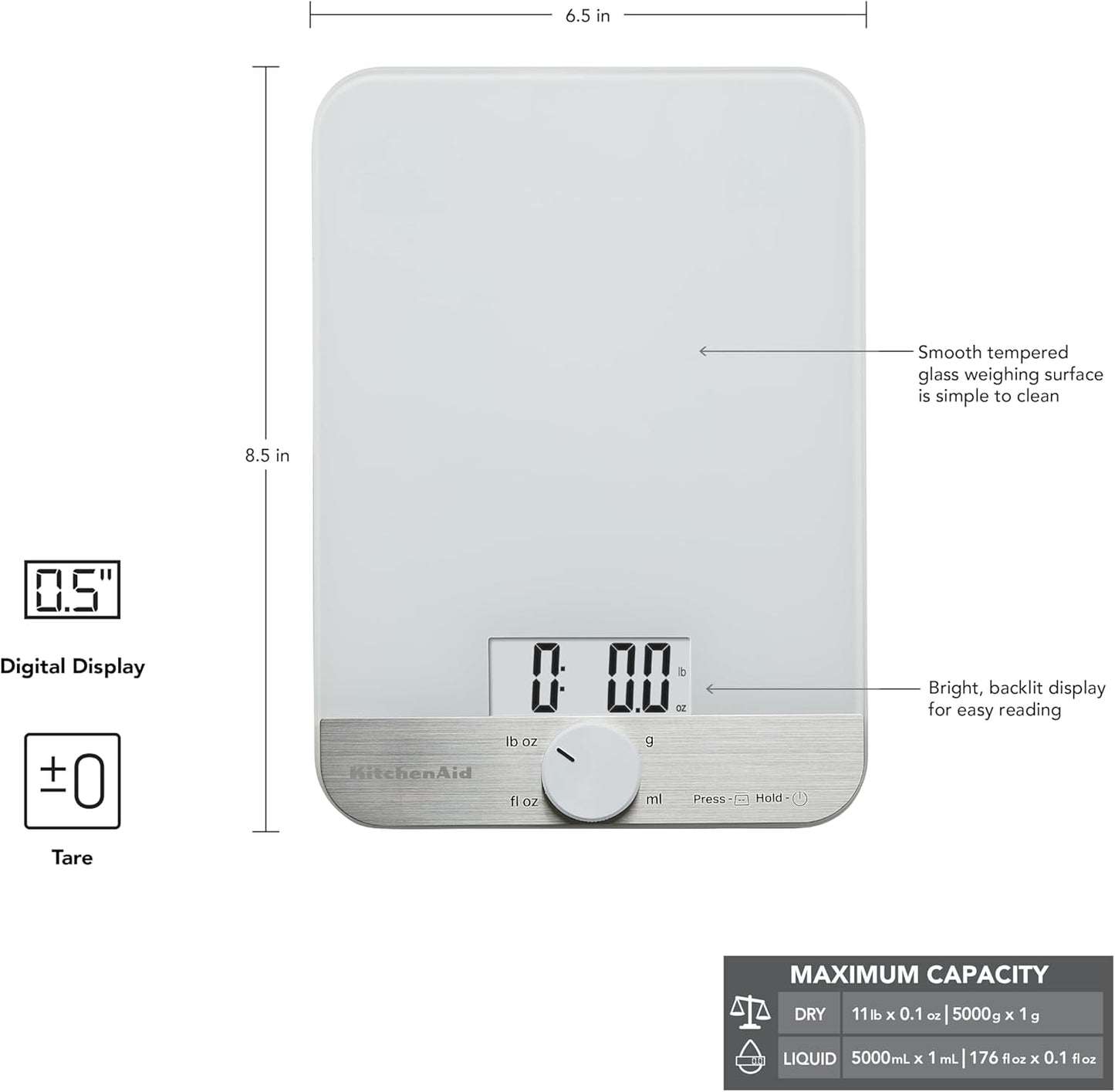 KitchenAid KQ908 Glass Surface 11 Pound Capacity Digital Kitchen and Food Scale, Scale for Food Ounces and Grams, Dry and Liquid Ingredients, Black