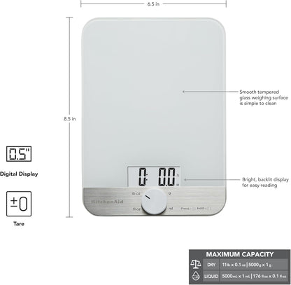 KitchenAid KQ908 Glass Surface 11 Pound Capacity Digital Kitchen and Food Scale, Scale for Food Ounces and Grams, Dry and Liquid Ingredients, Black