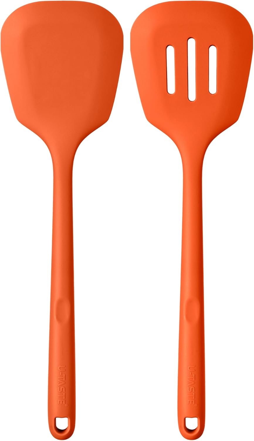 600ºF Heat Resistant Slotted Turner: U-Taste 13.6in Silicone Kitchen Spatula Flipper, 3.74in Wide Food Grade Flexible Thin Rubber Cooking Utensil for Egg, Pancake, Cookie in Nonstick Cookware (Red)