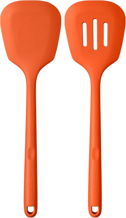 600ºF Heat Resistant Slotted Turner: U-Taste 13.6in Silicone Kitchen Spatula Flipper, 3.74in Wide Food Grade Flexible Thin Rubber Cooking Utensil for Egg, Pancake, Cookie in Nonstick Cookware (Red)
