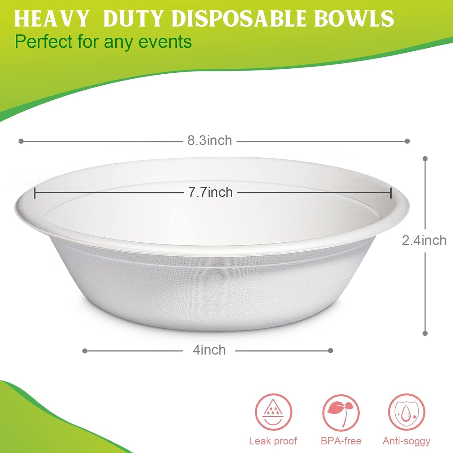 greensight Large Compostable Bowls - 32 oz, 100 Pack, Heavy Duty, Microwavable Safe, White Bagasse Bowls for Hot Soup, Salads, Cereals
