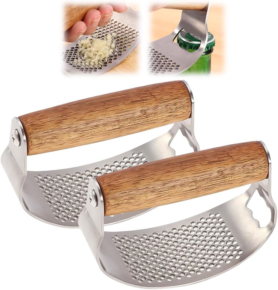Stainless Steel Garlic Presser & Bottle Opener, Wooden Handle Garlic Press Rocker, Garlic Mincer Tool Garlic Chopper Hand Garlic Grinder, Hand Press Garlic Dicer Garlic Crusher (1 Pack)