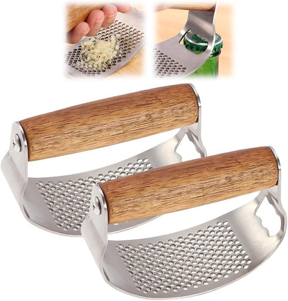 Stainless Steel Garlic Presser & Bottle Opener, Wooden Handle Garlic Press Rocker, Garlic Mincer Tool Garlic Chopper Hand Garlic Grinder, Hand Press Garlic Dicer Garlic Crusher (1 Pack)