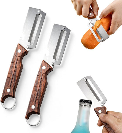 Premium Multi-Functional Vegetable Peeler for Kitchen, 2026 New Heavy Duty Stainless Steel Potato Peeler with Ergonomic Wooden Handle & Bottle Opener for Fruit and Vegetables (C-2Pcs)