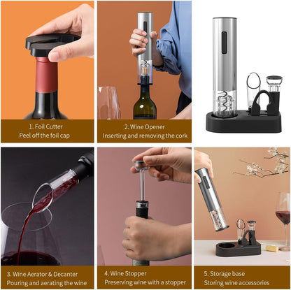 CIRCLE JOY Electric Wine Opener Stainless Steel Rechargeable Automatic Wine Bottle Opener Set 7-in-1 Wine Gifts for Wine Lovers with Charging Base, Foil Cutter, Wine Aerator Pourer & 2 Vacuum Stoppers