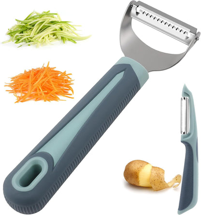 Julienne Peeler Vegetable Peeler -Y Carrot Shredder Julienne Slicer with 4.8'' Long Silicone Handle -Potato Peeler Swivel Peeler for Kitchen, Set of 2 Blue