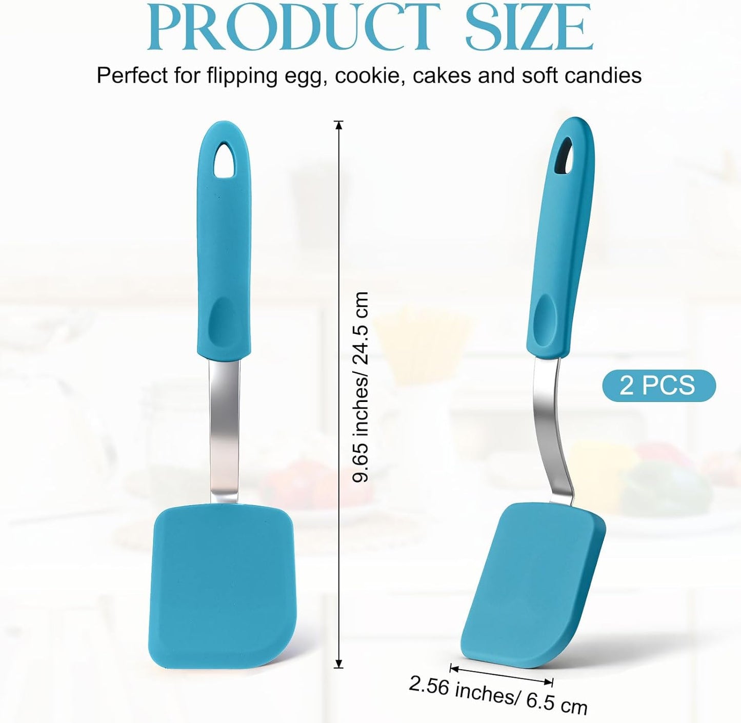 Silicone Cookie Spatula Turner 2 Pack Mini Brownie Spatula Flexible Kitchen Small Silicone Turner for Nonstick Cookware Heat Resistant No Scratch Flipper for Pancake(Solid Flat,Gray, Blue)
