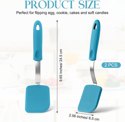 Silicone Cookie Spatula Turner 2 Pack Mini Brownie Spatula Flexible Kitchen Small Silicone Turner for Nonstick Cookware Heat Resistant No Scratch Flipper for Pancake(Solid Flat,Gray, Blue)