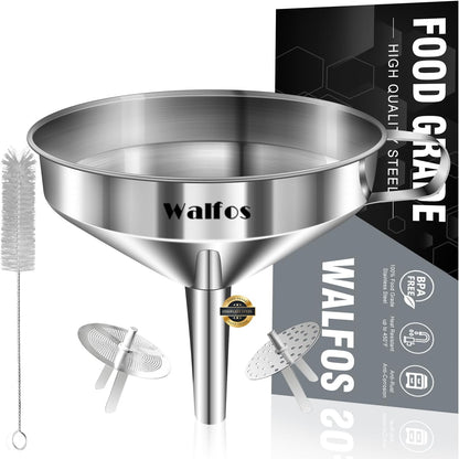 Stainless Steel Funnel, Walfos 3 Pack Kitchen Funnel with 2 Removable Strainer ＆ 1Pcs Cleaning Brush, Perfect for Transferring of Liquid, Oils, Jam, Dry Ingredients & Powder