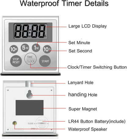 Digital Timer Waterproof Shower Timer Shower Clock Bathroom Kitchen Timer with Strong Magnet and Large LCD Display (Waterproof 7 Key)