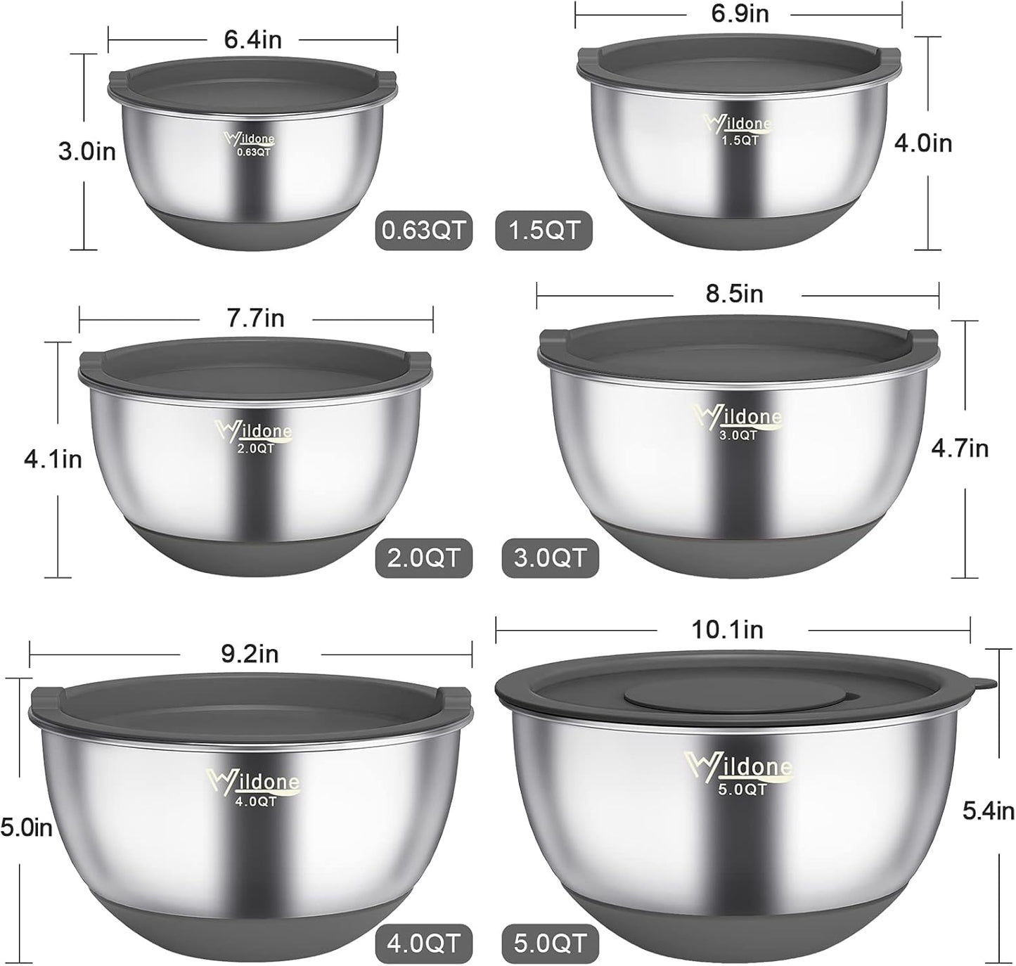 Wildone Mixing Bowls with Airtight Lids, 22 PCS Stainless Steel Nesting Bowls, with 3 Grater Attachments, Scale Marks & Non-Slip Bottom, Size 5, 4, 3, 2,1.5, 0.63QT, Ideal for Mixing & Prepping