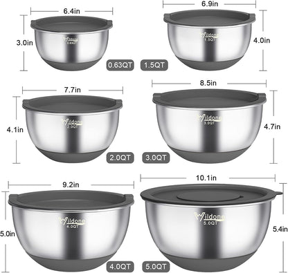Wildone Mixing Bowls with Airtight Lids, 22 PCS Stainless Steel Nesting Bowls, with 3 Grater Attachments, Scale Marks & Non-Slip Bottom, Size 5, 4, 3, 2,1.5, 0.63QT, Ideal for Mixing & Prepping