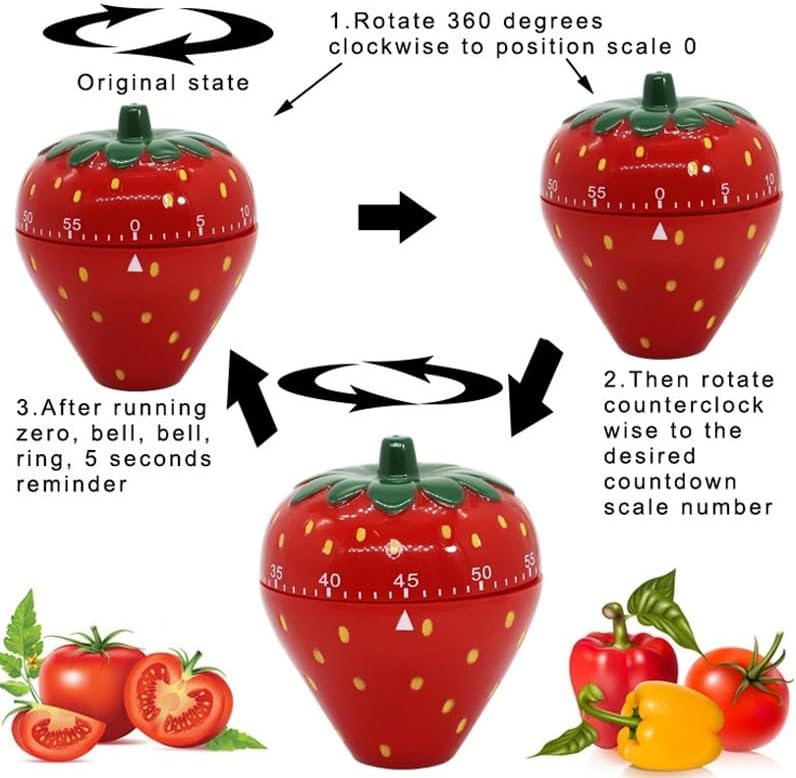 Jadeshay Kitchen Timer Strawberry Shaped, 60 Minutes Kitchen Timer Mechanical Time Reminder Kitchen Accessorie for Cooking