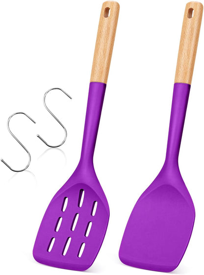 Pack of 2 Silicone Spatula, Non Stick Cooking Utensil Set Wooden Handle Kitchen Turner for Baking Mixing Grilling Serving Food Heat Resistant Non Scratch Hooks Included (Khaki)
