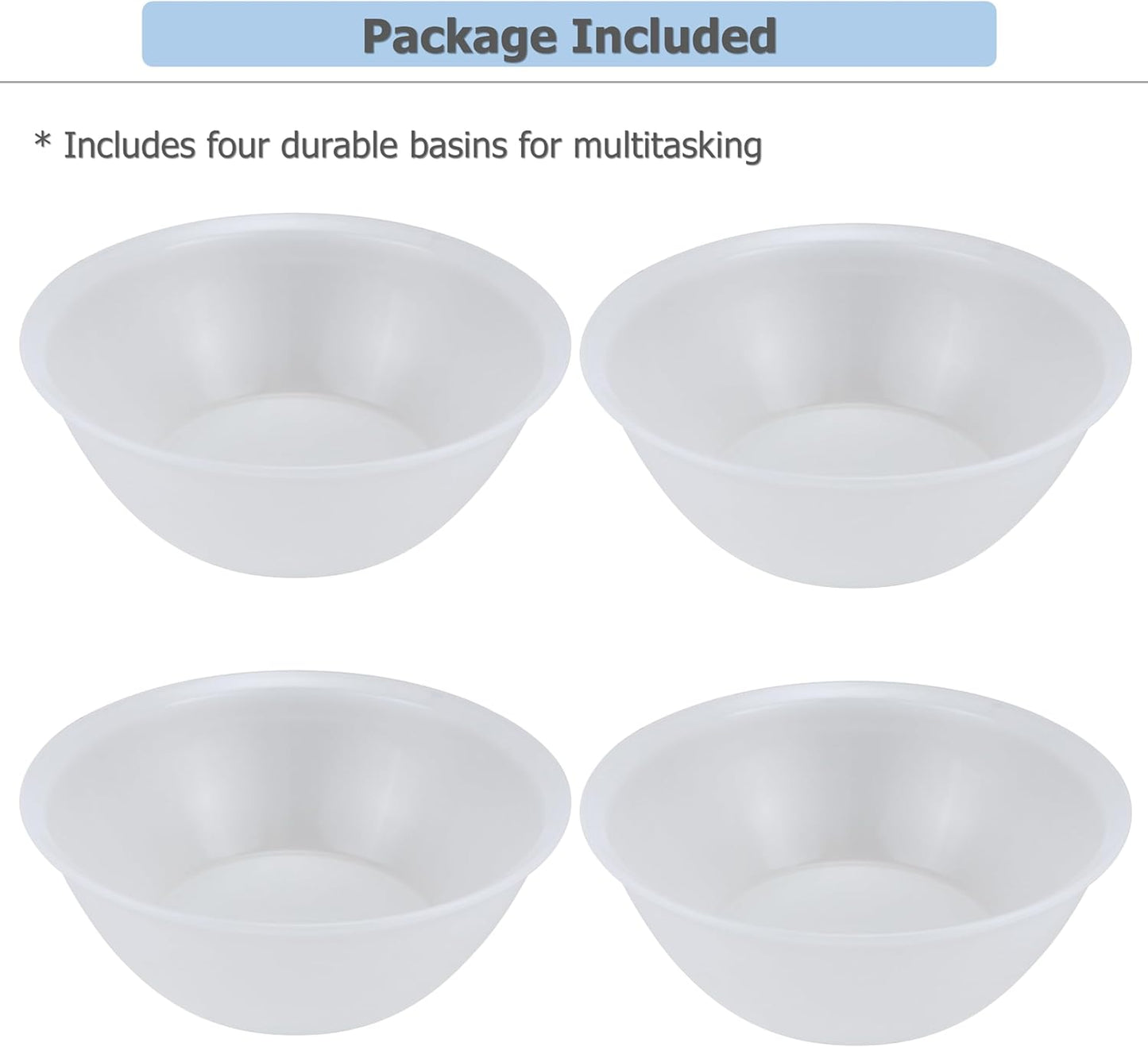 EIKS 4 Pack Plastic Water Basins for Washing & Storage Vegetable Fruit Dishes Tableware, Work in Home Kitchen Bath Sink, Each Size Dia. 12.0" x H4.4 (4 Quart)
