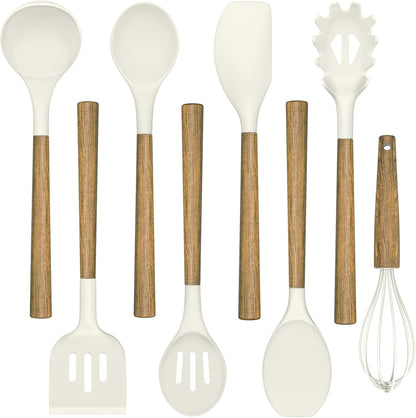 Silicone Cooking Utensil Set, Umite Chef 8-Piece Kitchen Utensils Set with Natural Acacia Wooden Handles,Food-Grade-Silicone Kitchen Gadgets Spatulas Set for Nonstick Cookware- Black