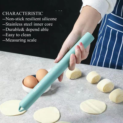 Small stainless Steel Inner Core Silicone Rolling Pin Non-stick Dough Roller (Green)