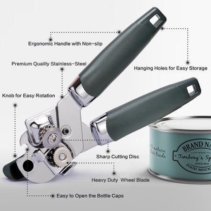 Can Opener, 3-In-1 Manual Can Openers, Cordless Tin Opener with Lids off Jar Opener and Bottle Opener in One, Smooth Edge and Heavy Duty Stainless Steel Sharp Blade