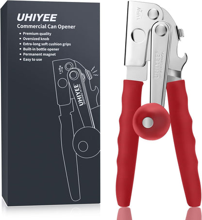 Commercial Can Opener, UHIYEE Hand Crank Can Opener Manual Heavy Duty with Comfortable Extra-long Handles, Oversized Knob, Large Handheld Can Open Easy for Big Cans, Black