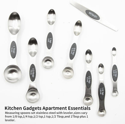 Magnetic Measuring Spoons Set of 8, Stainless Steel Double End Stackable Teaspoon for Cooking and Baking, Tablespoon with Leveler for Measuring Dry and Liquid Ingredients, Multicolor