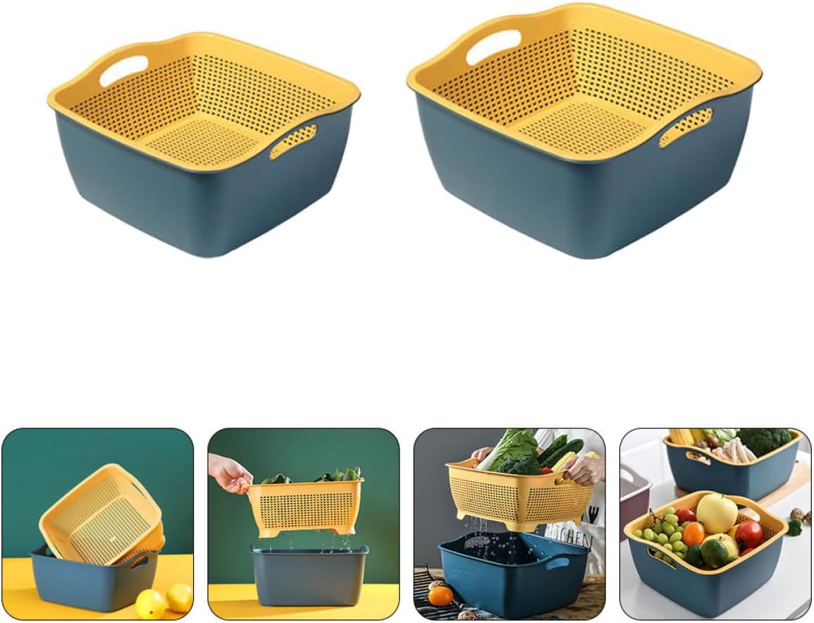 Double-layer Kitchen Colanders Vegetable Wash Basket Set, Plastic Fruit Strainer Bowls with Drainage, Large and Small Square Baskets for Kitchen Food Storage and Washing