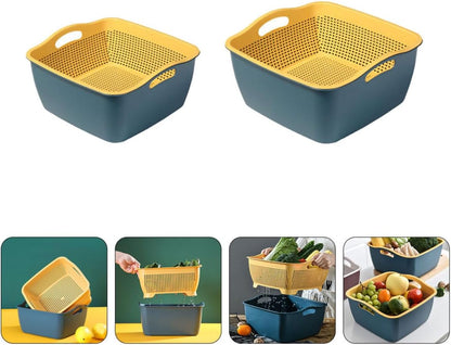 Double-layer Kitchen Colanders Vegetable Wash Basket Set, Plastic Fruit Strainer Bowls with Drainage, Large and Small Square Baskets for Kitchen Food Storage and Washing