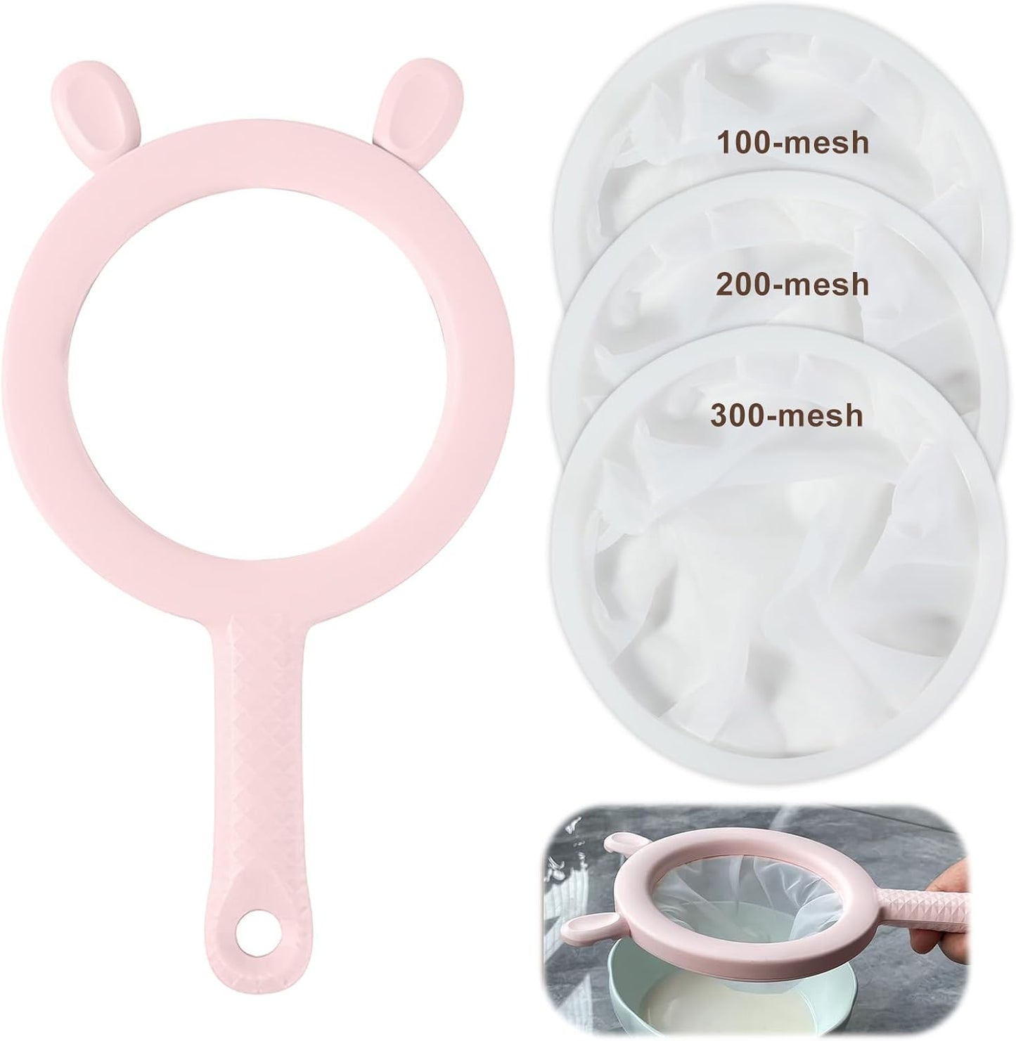 3-in-1 Fine Mesh Filter Kit with Detachable Sieve, 100/200/300 Mesh Filter with Grey Handle, Interchangeable Nylon Filter for Coffee, Tea, Nuts, Milk Juice, Fine Mesh Food Grade PP Frame（Grey）