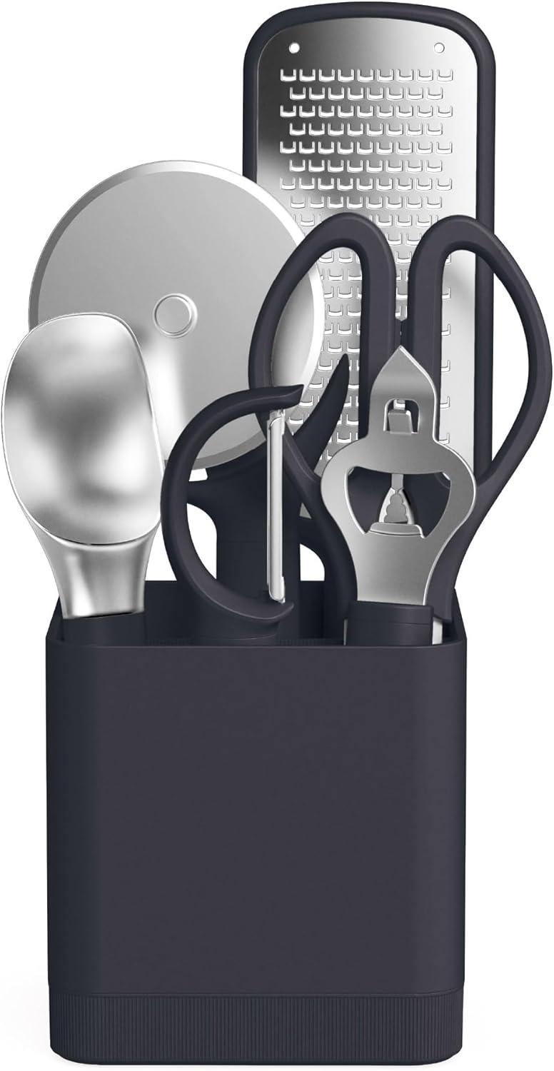 bella 6-Piece Modular Tool Set, Silicone, Turner, Spoon, Slotted Spoon, Spatula, Tongs, Crock with removable divider, Non-toxic*, Food-grade, Heat safe to 425°F, Dishwasher Safe, Slate