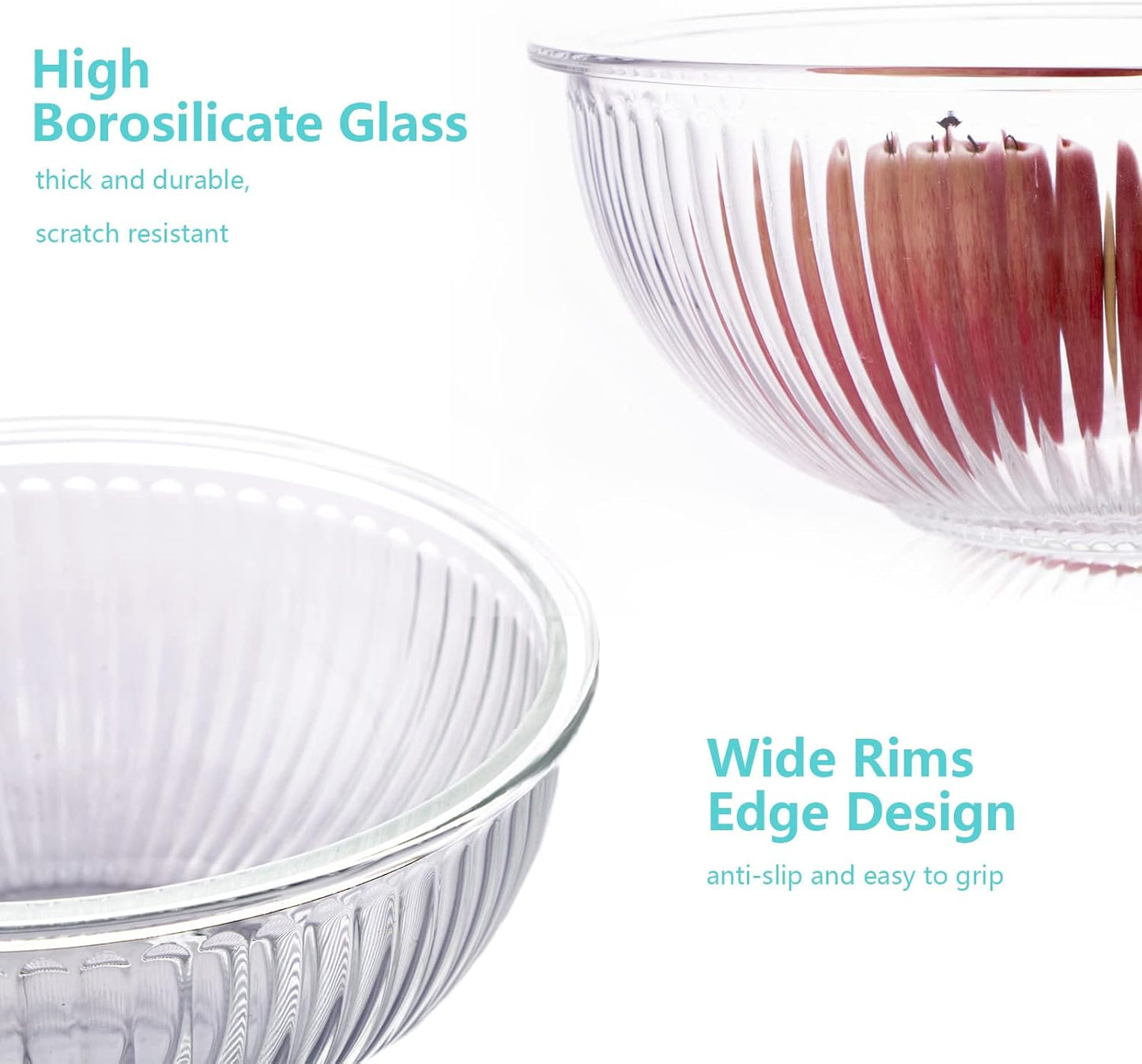 WhiteRhino Glass Mixing Bowls Glass Bowls with Lids Set(4.5QT,2.7QT, 1.1QT),Large Salad Bowls,glass mixing bowl Space-Saving Nesting Storage bowls for Cooking,Baking,Prepping,Dishwasher Safe