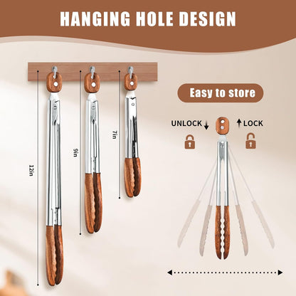 Wooden Tongs for Cooking Set of 3 (7",9",12") Natural Walnut Wooden kitchen Tongs for Grilling, Serving, BBQ and Tossing Salad etc | Ergonomic Stainless Steel Non-Slip Grip, Heat Resistant, Pull Lock