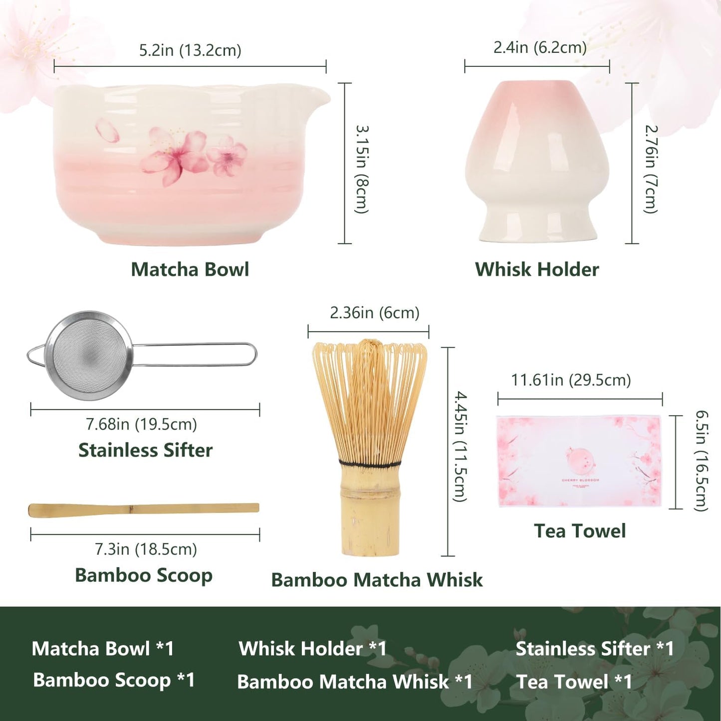 7PCS Matcha Whisk Set, Sakura Cherry Bloosm Matcha Kit Gift for Women Birthdays Mom Girls Kids and Matcha Tea Lover, with Bamboo Whisk, Holder, Bowl, Scoop, Sifter, Towel, and Elegant box