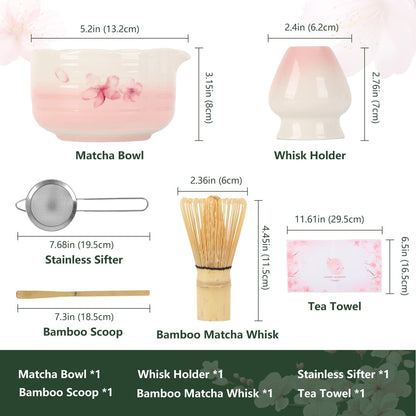 7PCS Matcha Whisk Set, Sakura Cherry Bloosm Matcha Kit Gift for Women Birthdays Mom Girls Kids and Matcha Tea Lover, with Bamboo Whisk, Holder, Bowl, Scoop, Sifter, Towel, and Elegant box