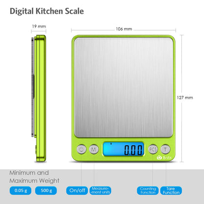 (Upgraded) AMIR Digital Kitchen Scale, 500g Mini Pocket Jewelry Scale, Food Scale, Coffee Scale, Back-Lit LCD Display, 2 Trays, 6 Units, Auto Off, Tare, PCS, Stainless Steel (Batteries Included)
