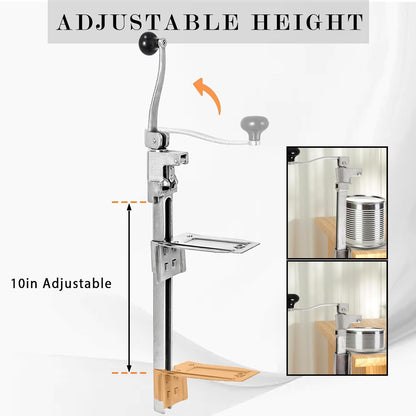 Commercial Heavy Duty Can Opener- Adjustable Manual Opener with 2 Blades & Plated Steel Base, Fits Cans Up to 10" Tall for Restaurant, Hotel, Food Store