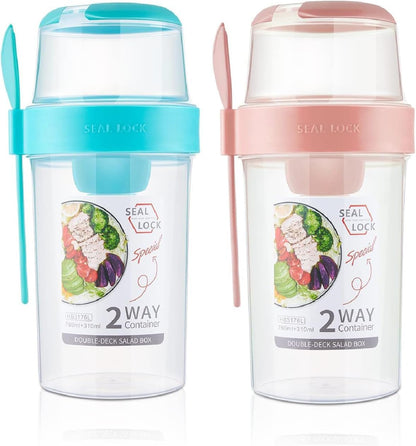 2 Pcs Salad Shaker Cup with Lids and Fork Fresh Salad Shaker Container for Lunch, Portable Breakfast Meal Vegetable and Fruits