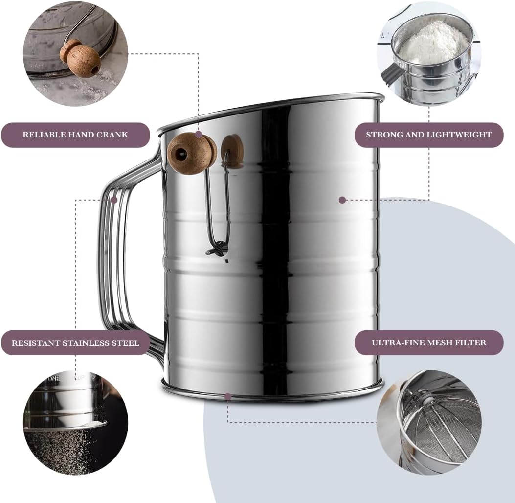 Bellemain 3 Cup Flour Sifter for Baking Fine Mesh Rotary Hand Crank with Loop Agitator for Quick Sifting, Flour Sifter Stainlees Steel