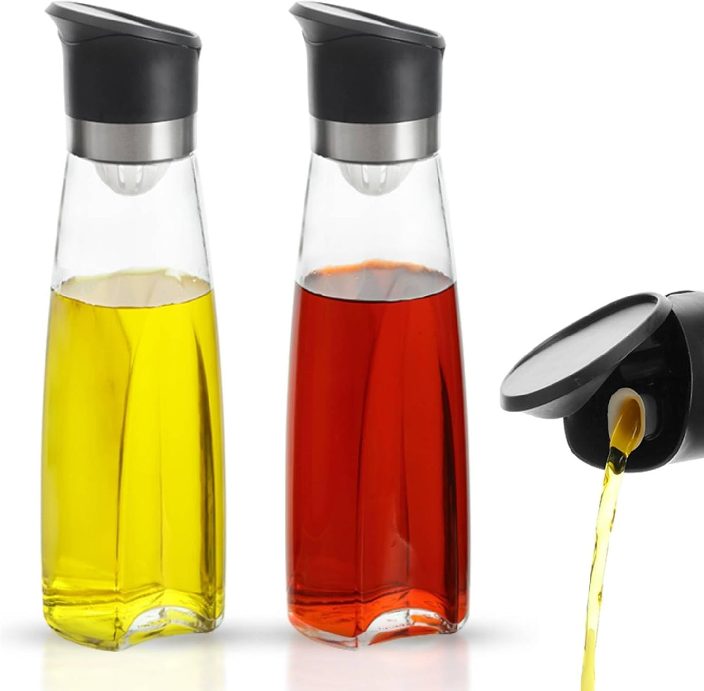 Premium Glass Olive Oil and Vinegar Dispenser Bottles Set, 2-Piece 16oz Kitchen Cooking Cruet with Auto-Open Lid, Non-Drip Pouring Spout, Oil Infuser Filter, Dishwasher Safe