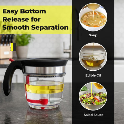 Fat Separator 1000ml with Bottom Release – Gravy & Grease Separator with Strainer for Easy Pouring, Durable Kitchen Tool with Tea Infuser Included