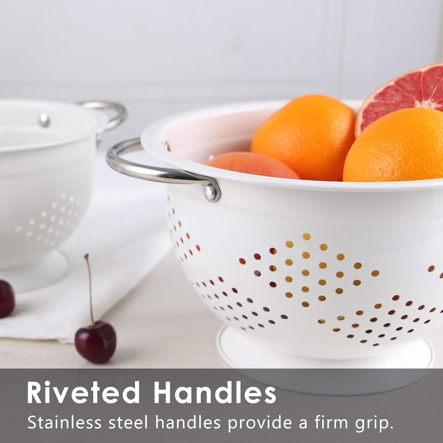 Rorence Powder Coated Steel Colanders: 3 Quart and 5 Quart Set of 2 - White