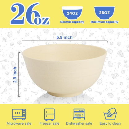Wheat Straw Bowls Set with Lids, Unbreakable 40 OZ Cereal Bowls Set of 4, Salad Container for Lunch, Microwave & Dishwasher Safe Bowl Set for Kitchen, Picnic, RV, Camping, Multi