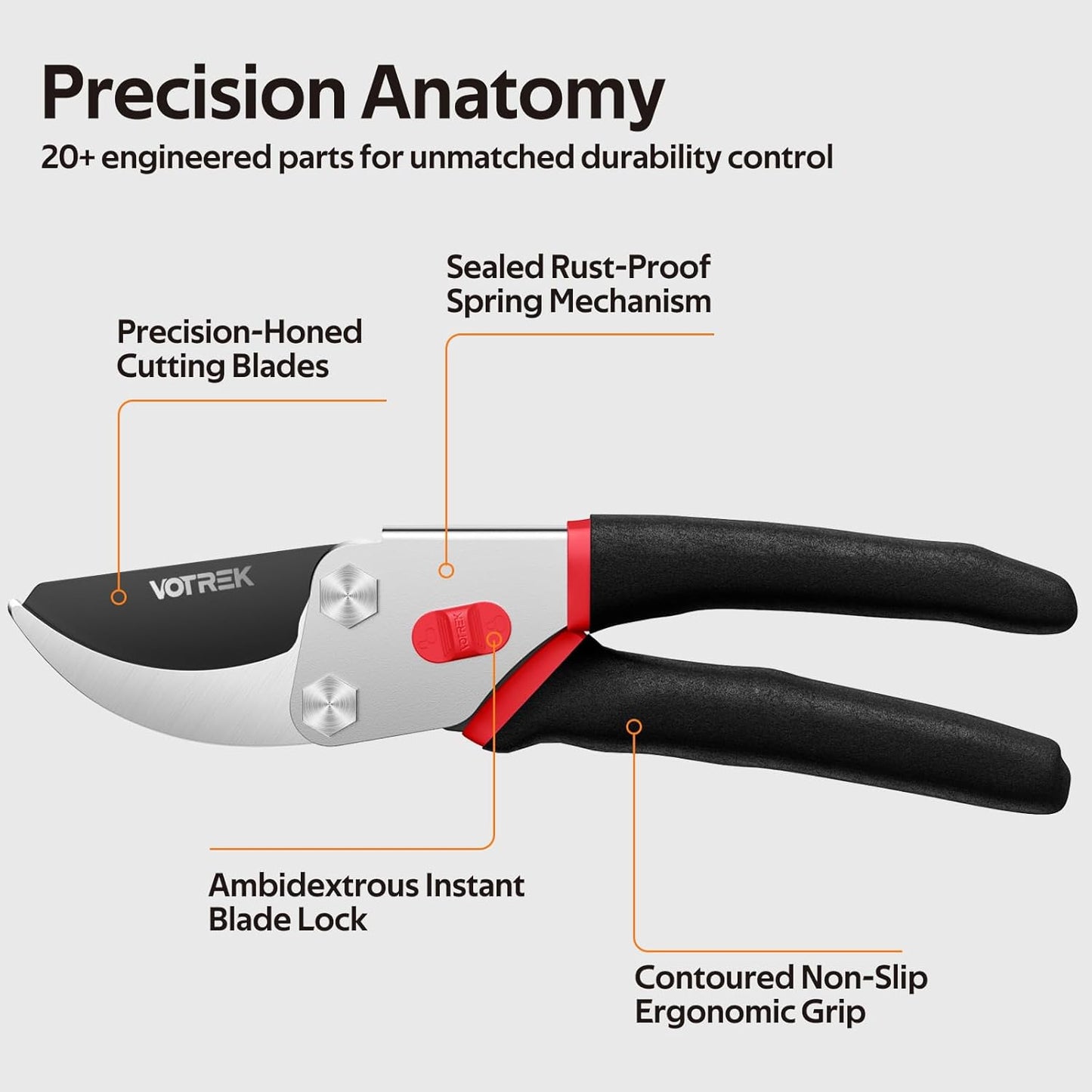 VOTREK® Pruning Shears, 8.5” Professional Garden Pruner with Jam-Proof Spring & Ever-Sharp SK5 Blade, Ergonomic Bypass Clippers for Rose, Tree Trimming, Heavy Duty Bonsai Scissor for Weak Hand